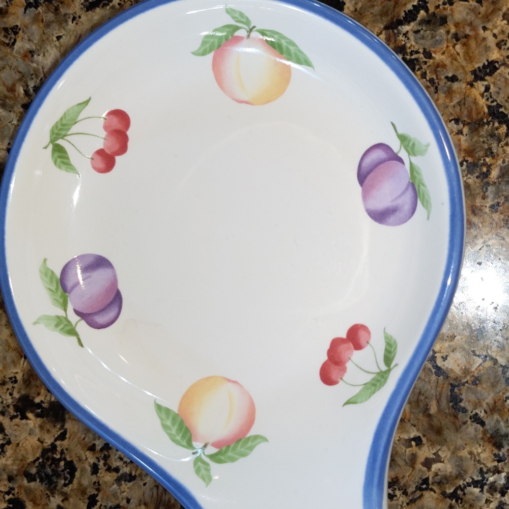 Vintage Pfaltzgraff Hopscotch Fruit Spoon Rest Glossy Ceramic Blue White Tidbit - Picture 2 of 4